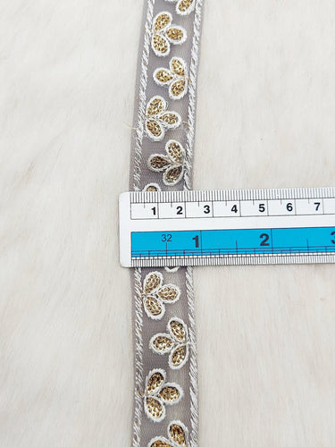 Wholesale Grey Net Lace Floral Embroidery & Glitter Gold Sequins, Indian Wedding Border, Gifting Ribbon Costume Trim Fashion Trimming